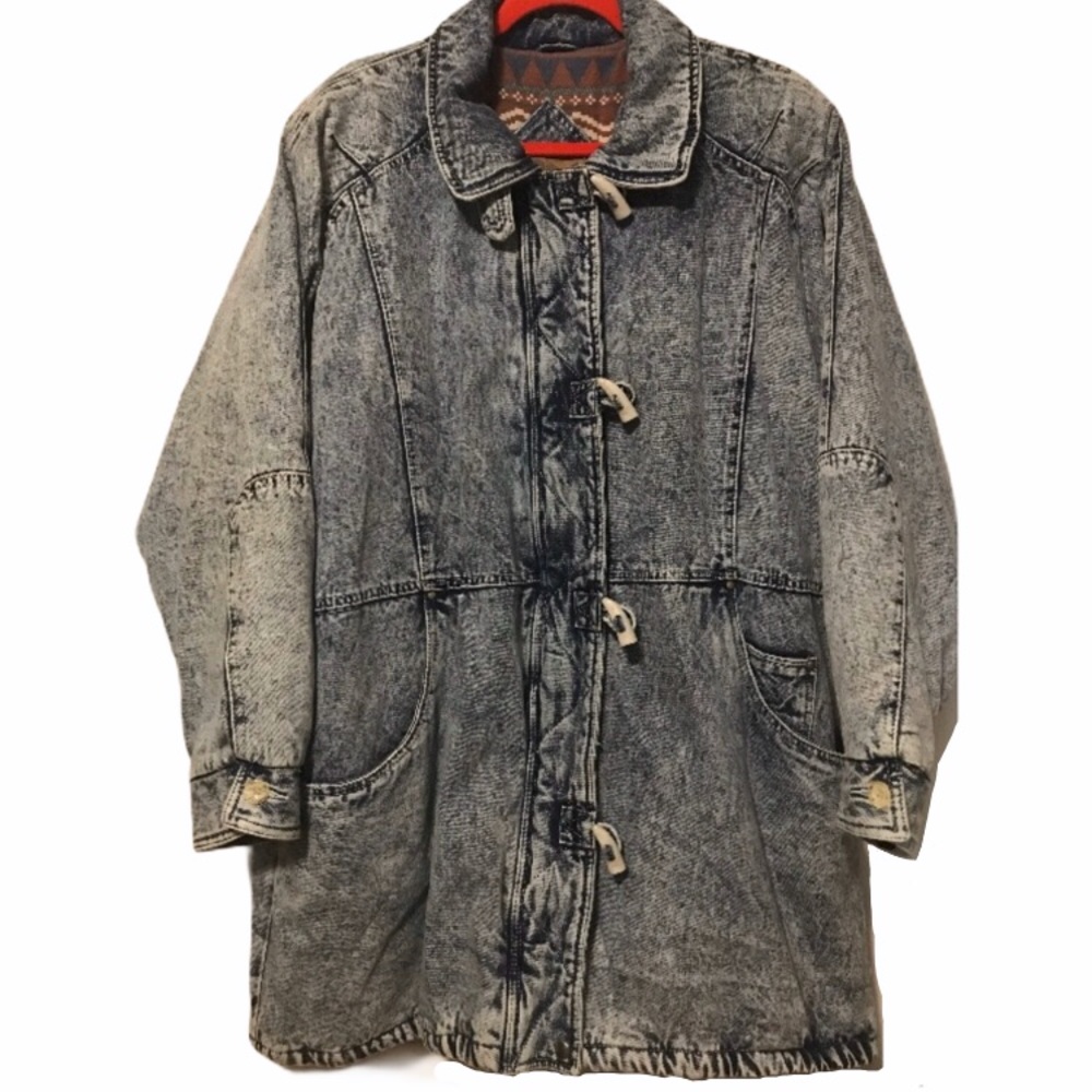 💥 MOVING SALE Vtg Acid Washed Denim Aztec Coat 1X